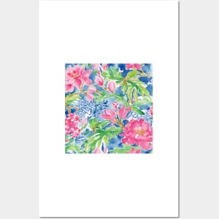 Pink, blue and green preppy flowers and leaves watercolor doodle Posters and Art